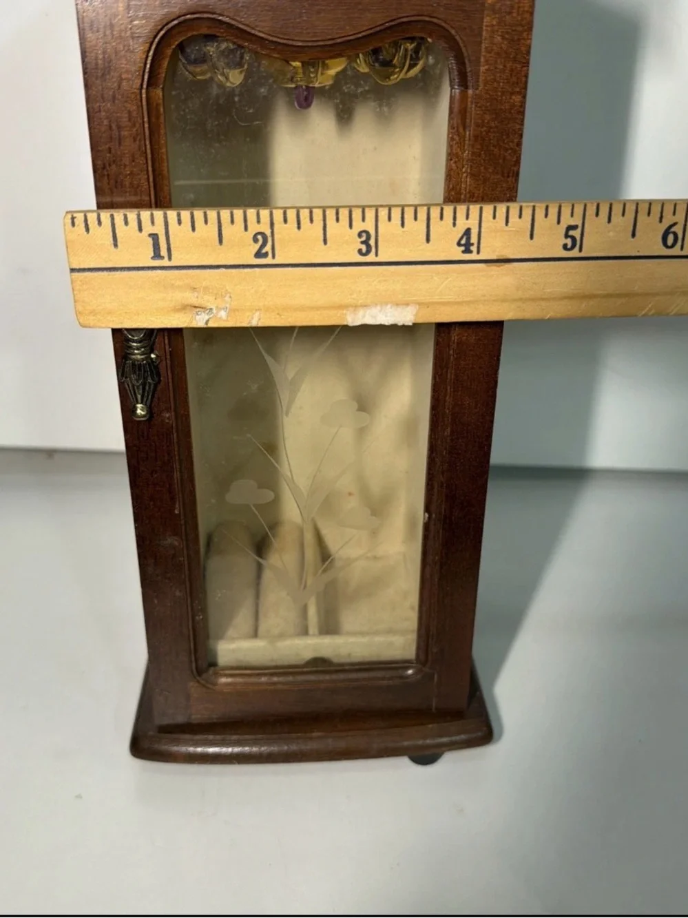 Wood-Finish Brown Jewelry Cabinet with Etched Glass Door